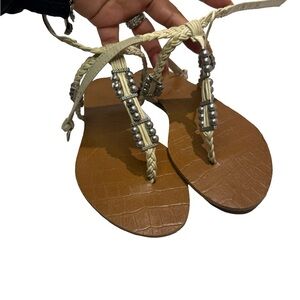 Braided Beaded T-Strap Sandals - Beige